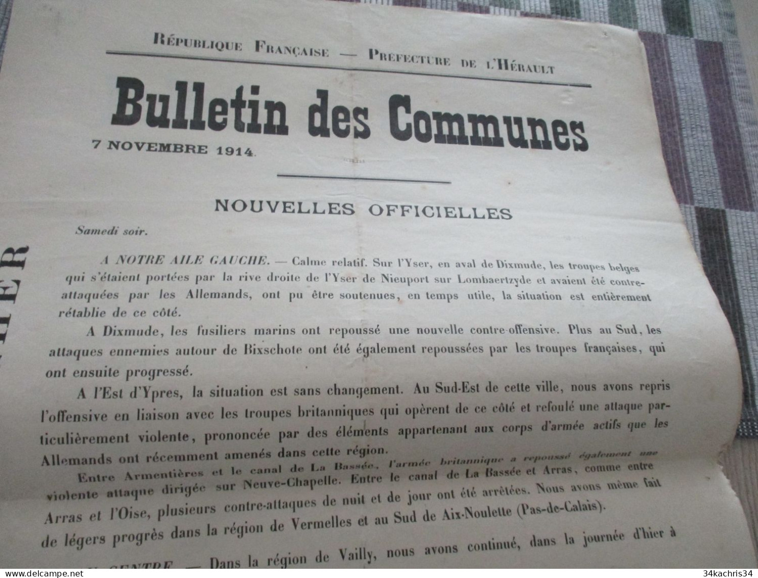 Guerre De 14/18 Grande Affiche 32 X 48 Environs Préfecture De L'Hérault Nouvelles Officielles Du Front 7 Et 8/11/1914 - Documenten