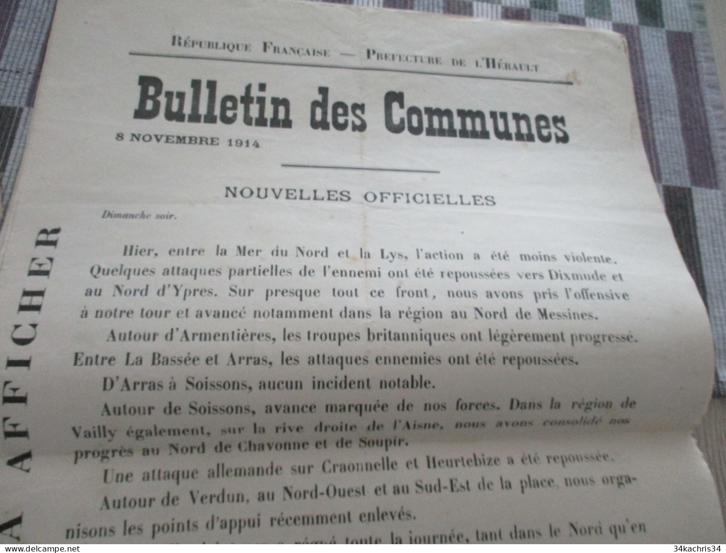 Guerre De 14/18 Grande Affiche 32 X 48 Environs Préfecture De L'Hérault Nouvelles Officielles Du Front 8 Et 9/11/1914 - Documenti
