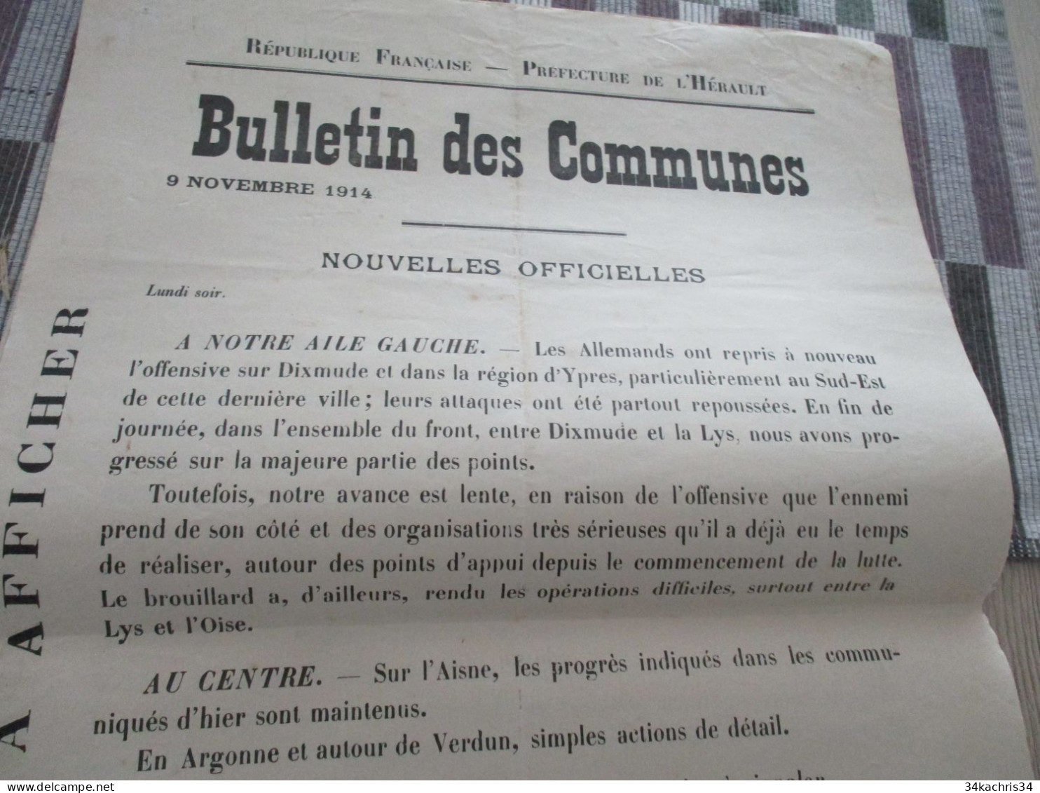 Guerre De 14/18 Grande Affiche 32 X 48 Environs Préfecture De L'Hérault Nouvelles Officielles Du Front 9 Et 10/11/1914 - Documenten