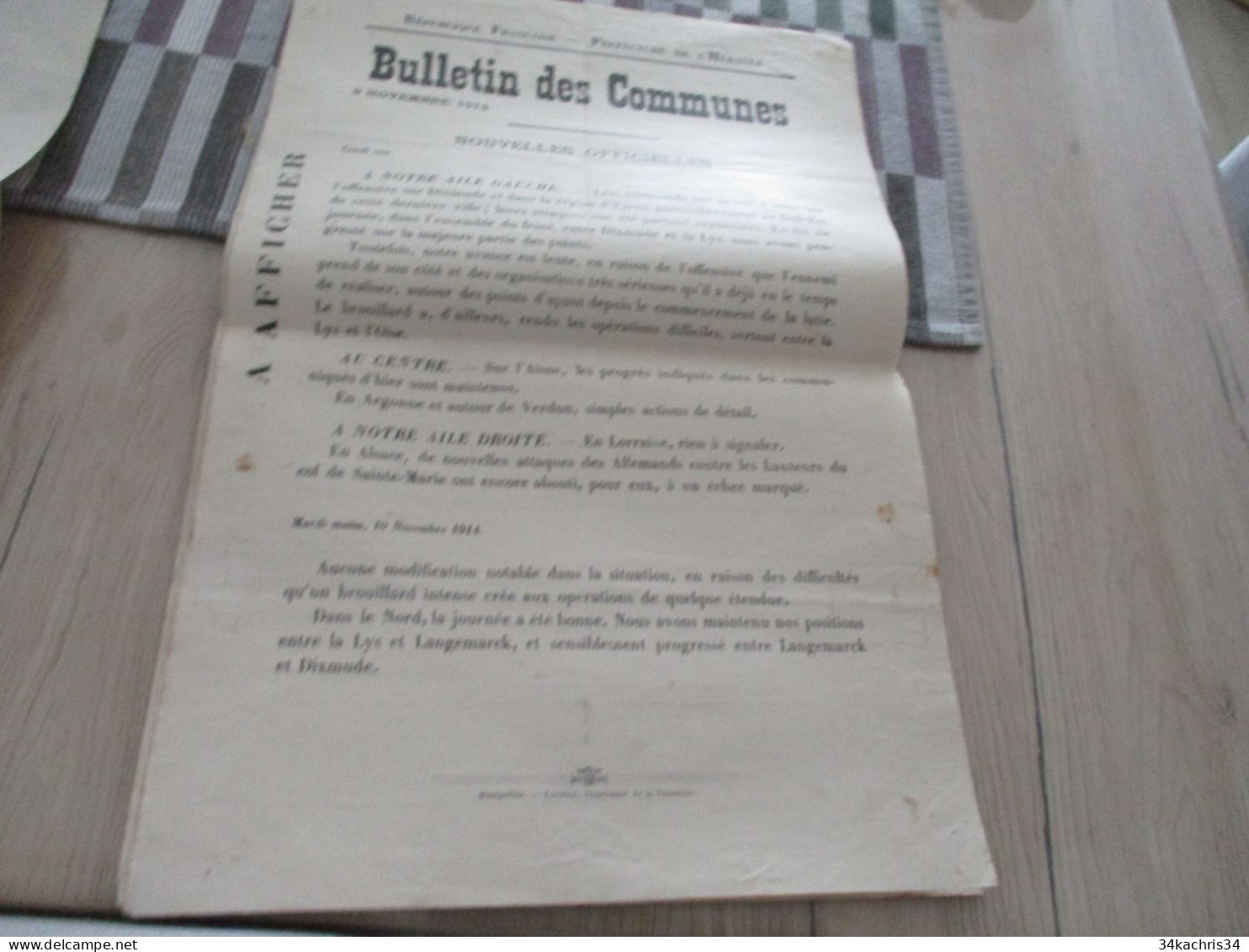 Guerre De 14/18 Grande Affiche 32 X 48 Environs Préfecture De L'Hérault Nouvelles Officielles Du Front 9 Et 10/11/1914 - Documents