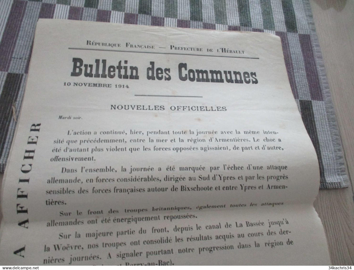 Guerre De 14/18 Grande Affiche 32 X 48 Environs Préfecture De L'Hérault Nouvelles Officielles Du Front 10 Et 11/11/1914 - Dokumente