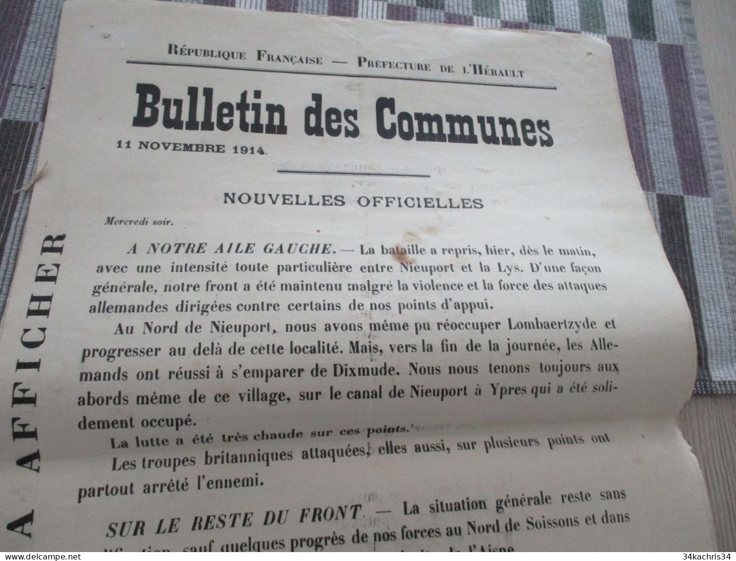 Guerre De 14/18 Grande Affiche 32 X 48 Environs Préfecture De L'Hérault Nouvelles Officielles Du Front 11 Et 12/11/1914 - Dokumente