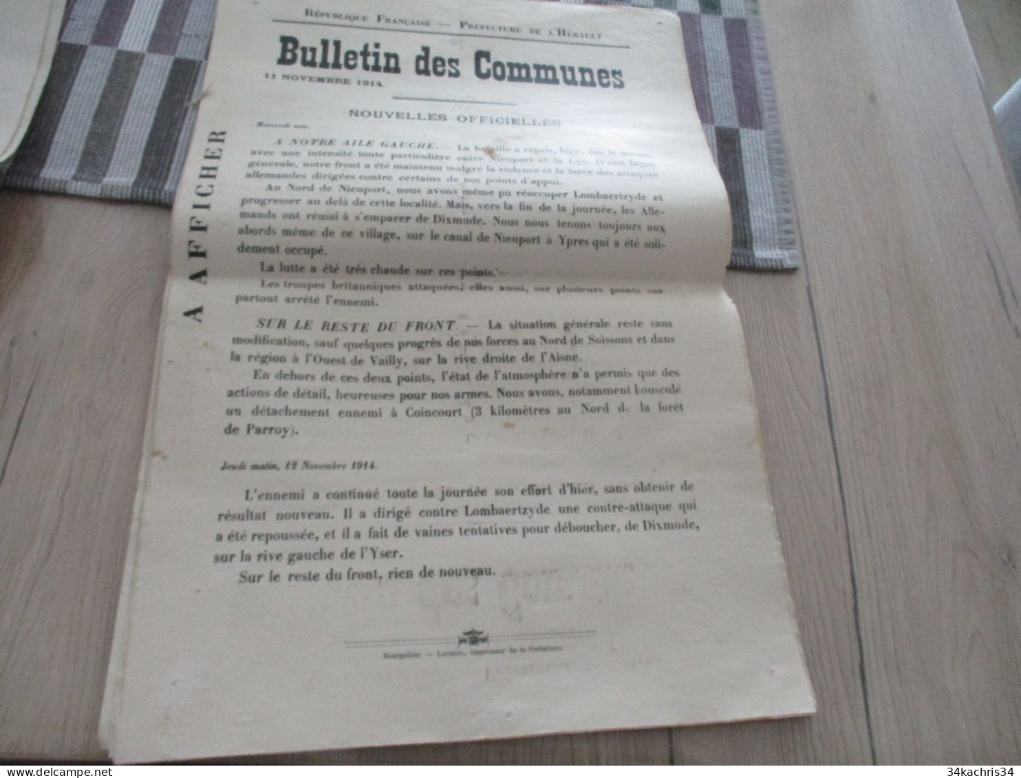 Guerre De 14/18 Grande Affiche 32 X 48 Environs Préfecture De L'Hérault Nouvelles Officielles Du Front 11 Et 12/11/1914 - Documentos