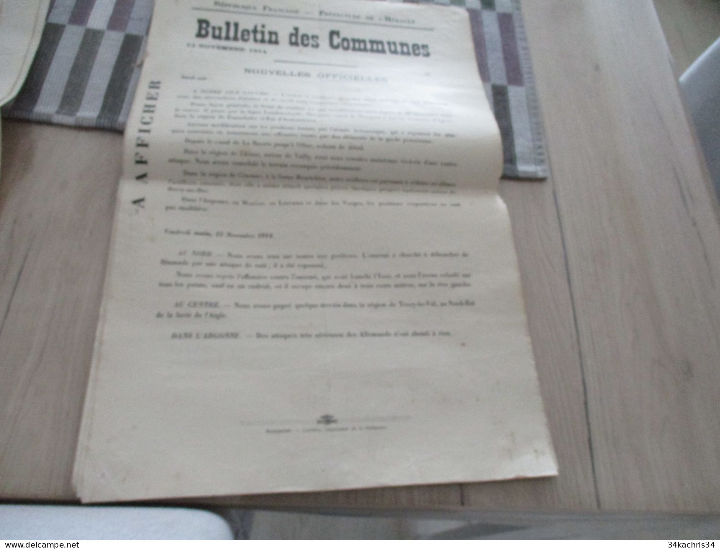 Guerre De 14/18 Grande Affiche 32 X 48 Environs Préfecture De L'Hérault Nouvelles Officielles Du Front 12 Et 13/11/1914 - Documents