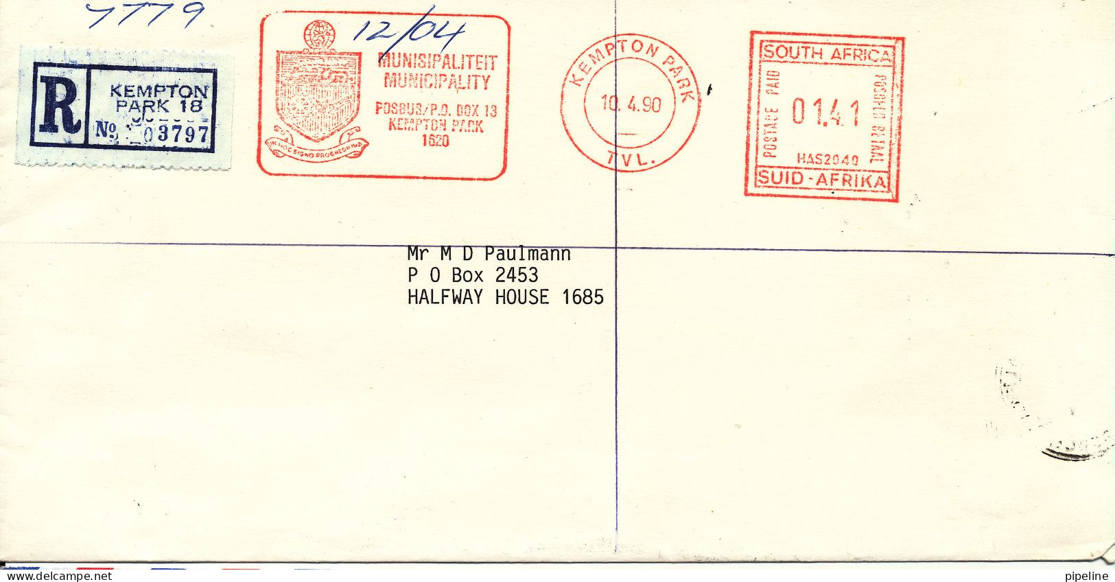 South Africa Registered Cover With Meter Cancel Kemton Park 10-4-1990 - Brieven En Documenten