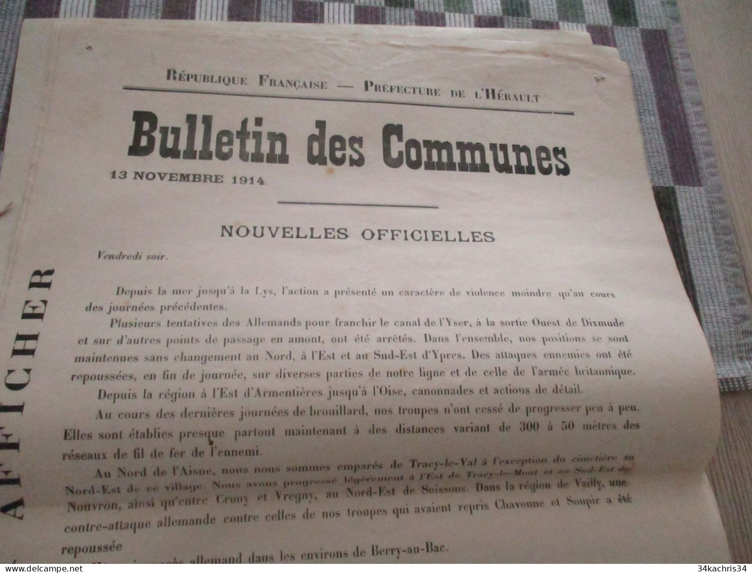 Guerre De 14/18 Grande Affiche 32 X 48 Environs Préfecture De L'Hérault Nouvelles Officielles Du Front 13 Et 14/11/1914 - Documenten