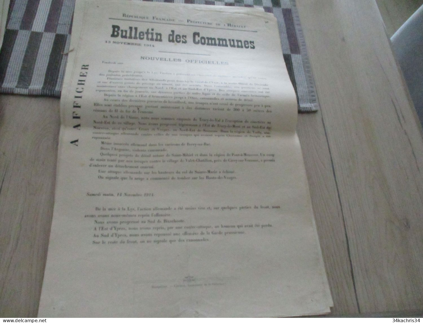 Guerre De 14/18 Grande Affiche 32 X 48 Environs Préfecture De L'Hérault Nouvelles Officielles Du Front 13 Et 14/11/1914 - Dokumente