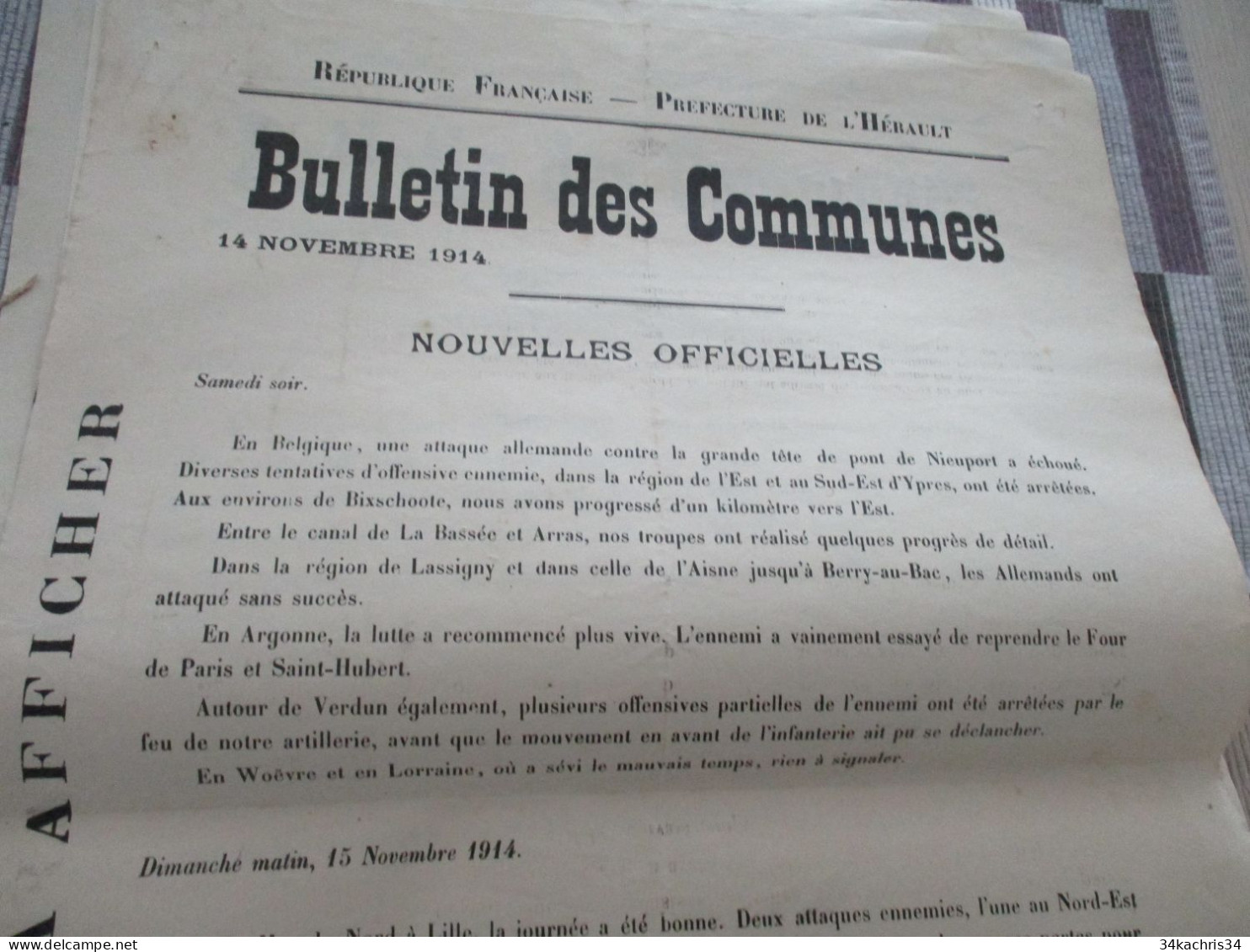 Guerre De 14/18 Grande Affiche 32 X 48 Environs Préfecture De L'Hérault Nouvelles Officielles Du Front 14 Et 15/11/1914 - Dokumente