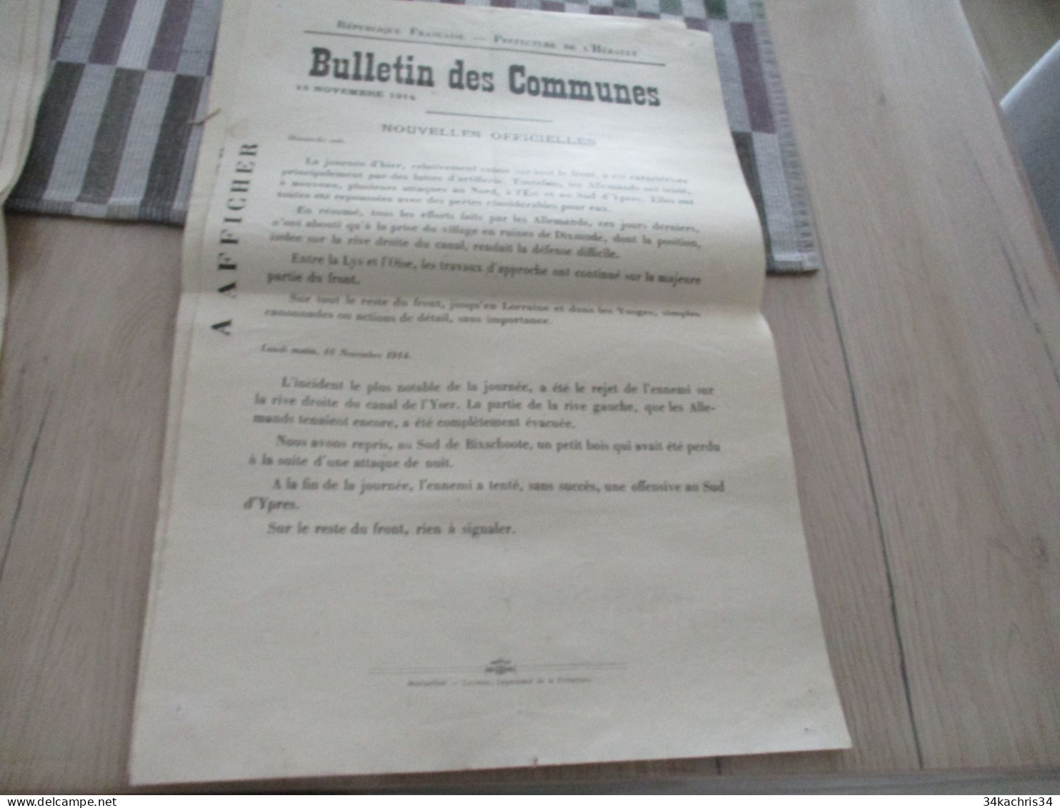 Guerre De 14/18 Grande Affiche 32 X 48 Environs Préfecture De L'Hérault Nouvelles Officielles Du Front 15 Et 16/11/1914 - Documentos