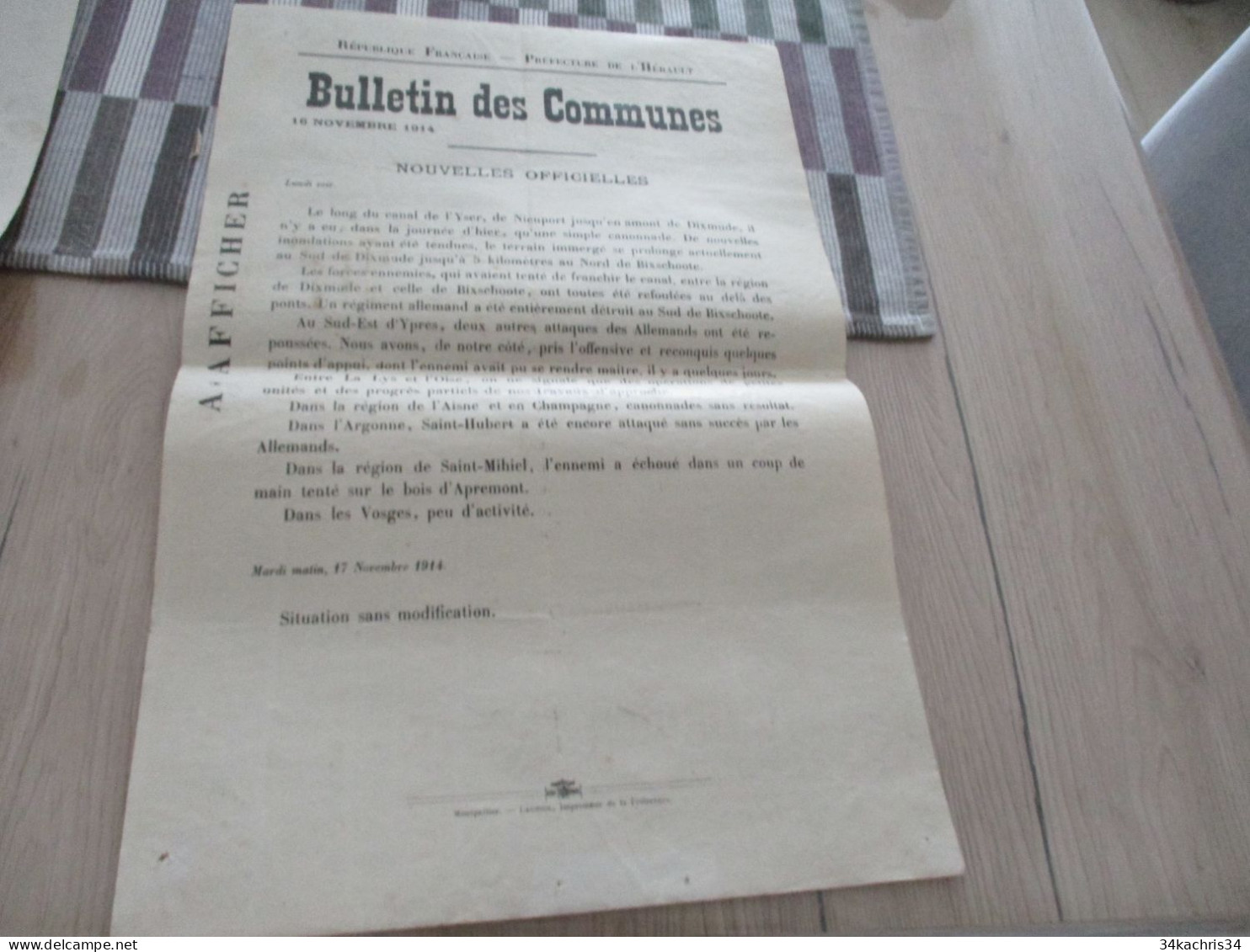 Guerre De 14/18 Grande Affiche 32 X 48 Environs Préfecture De L'Hérault Nouvelles Officielles Du Front 16 Et 17/11/1914 - Documents