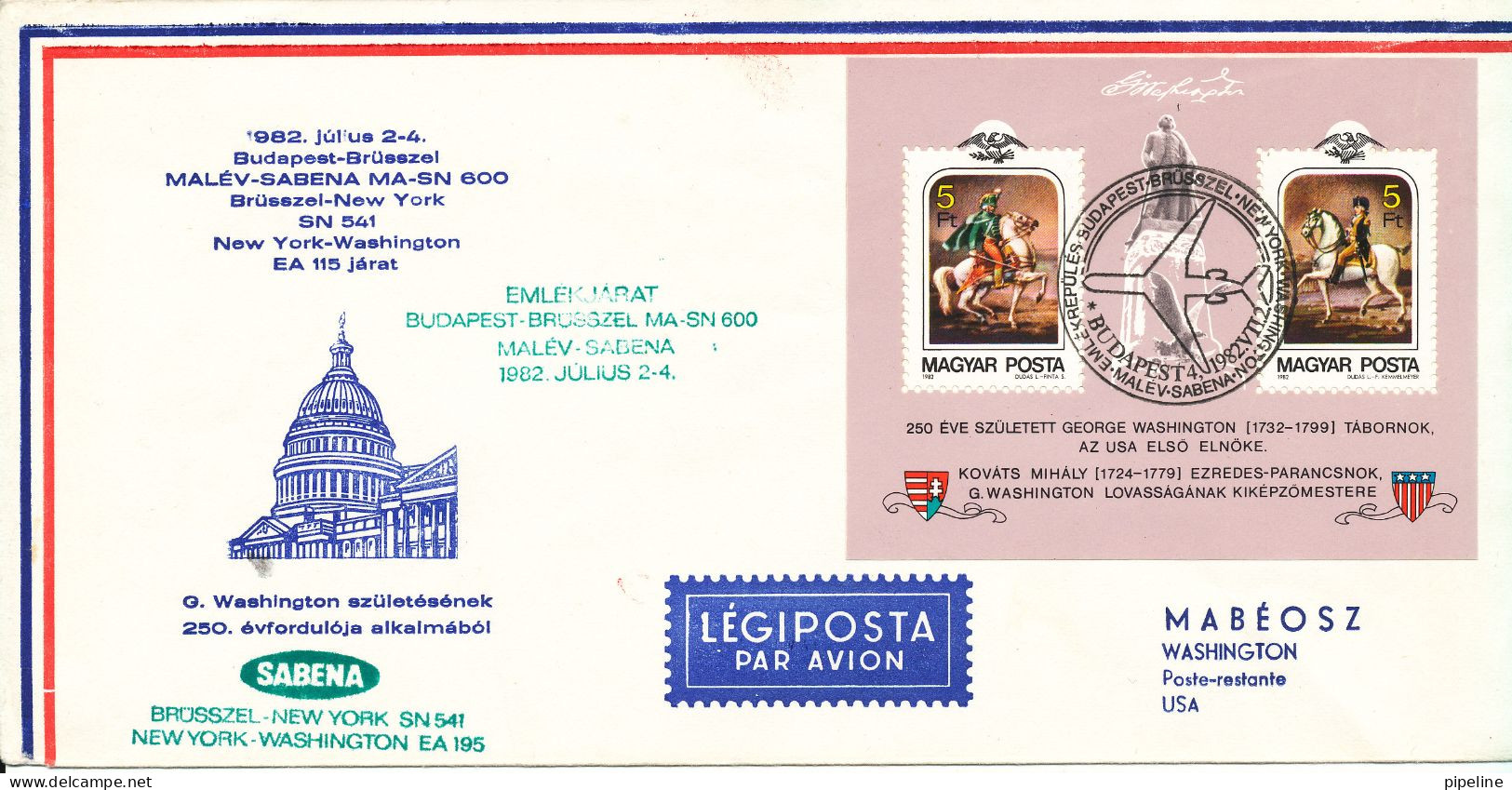 Hungary Air Mail Cover Special Flight Malev Sabena Budapest- Bruxelles - New York - Washington 2-7-1982 With Cachet - Covers & Documents