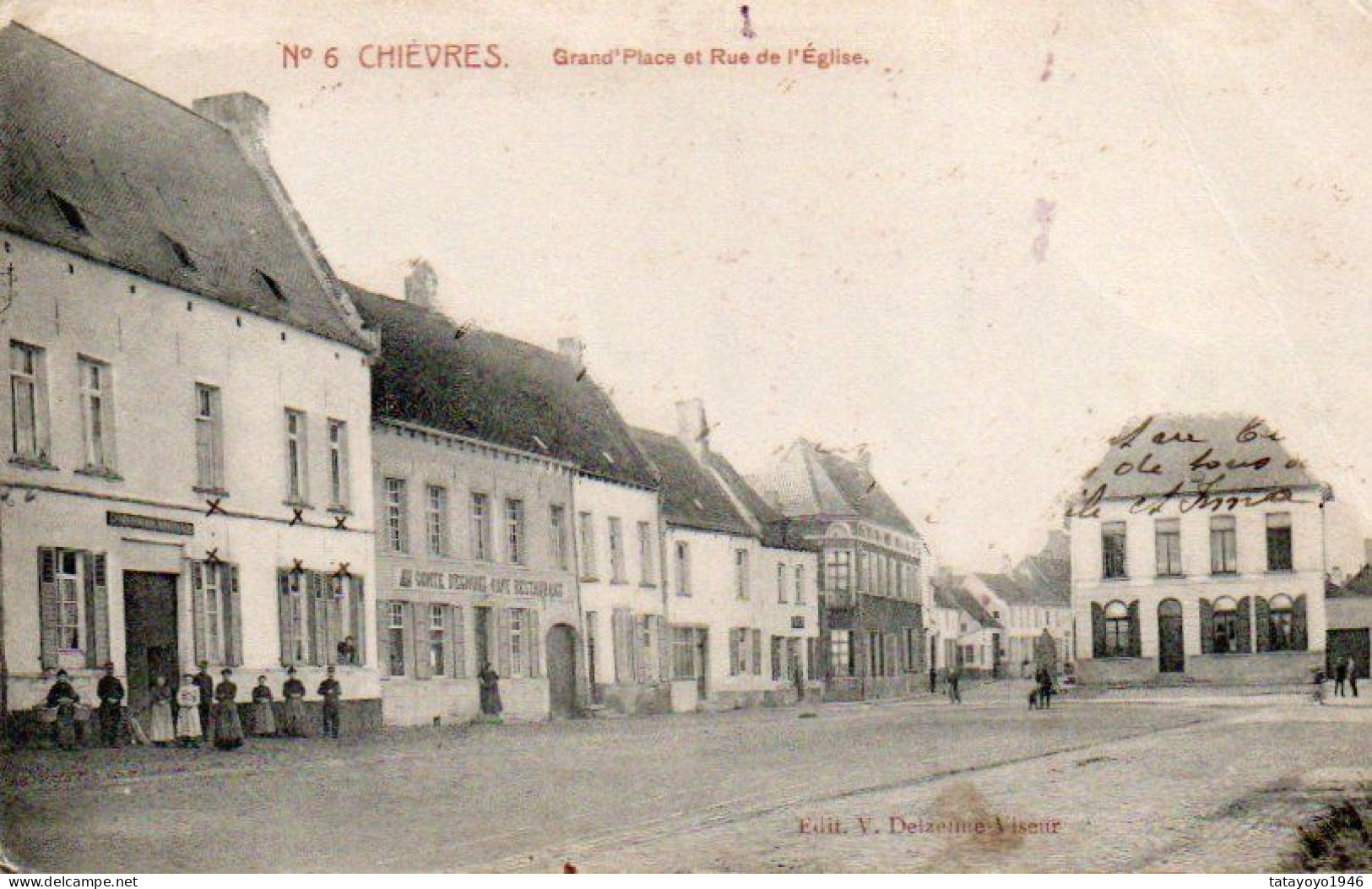 CHIEVRES  Grand Place Et Rue De L'église Animée Voyagé En 1910 - Chievres