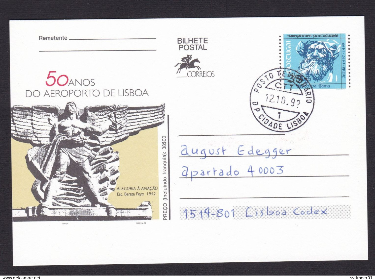 Portugal: Stationery Illustrated Postcard, 1992, Airport, Aviation History, Transport (traces Of Use) - Lettres & Documents
