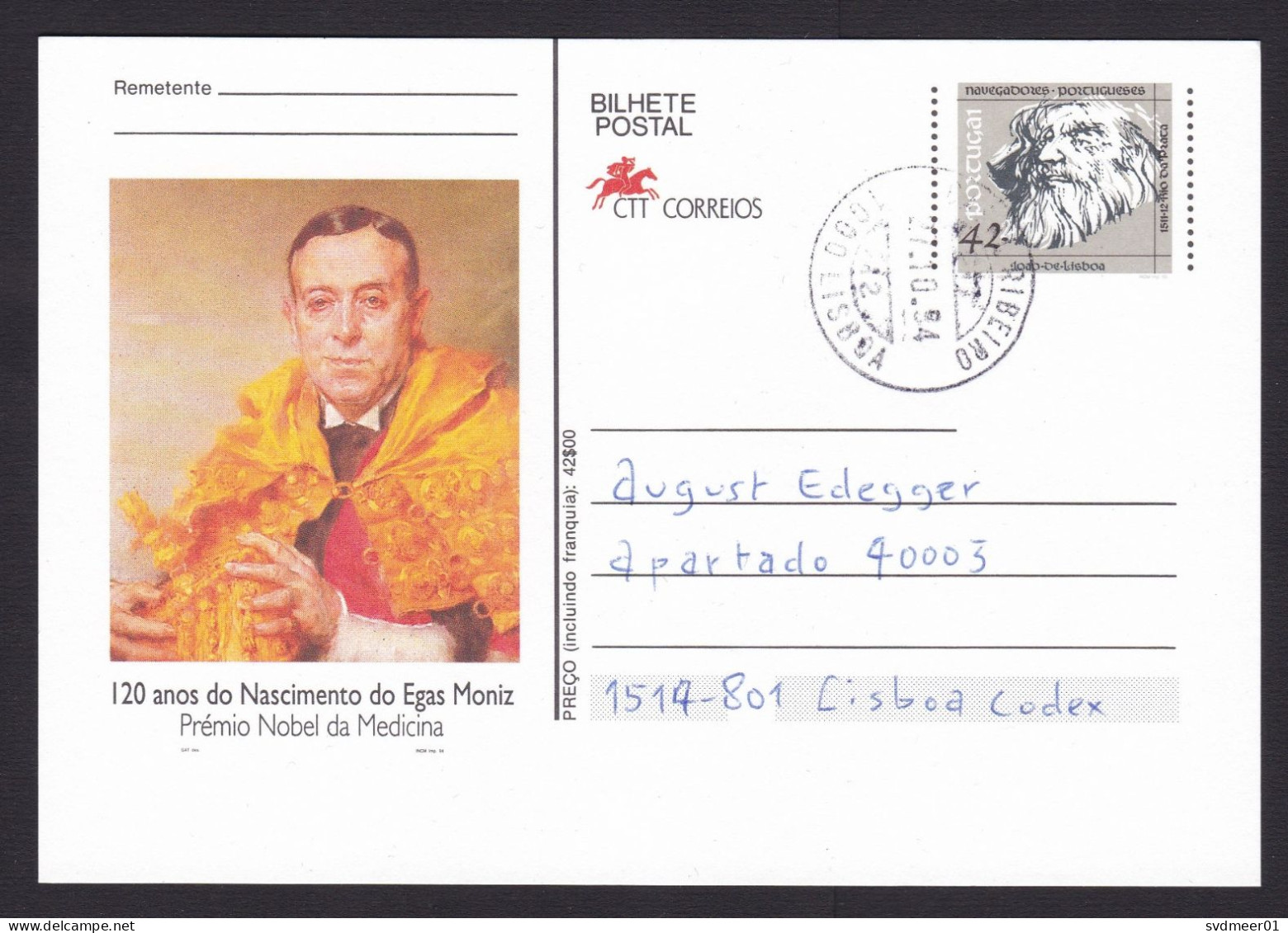 Portugal: Stationery Illustrated Postcard, 1994, Egas Moniz, Nobel Prize Medicine, Health (traces Of Use) - Brieven En Documenten