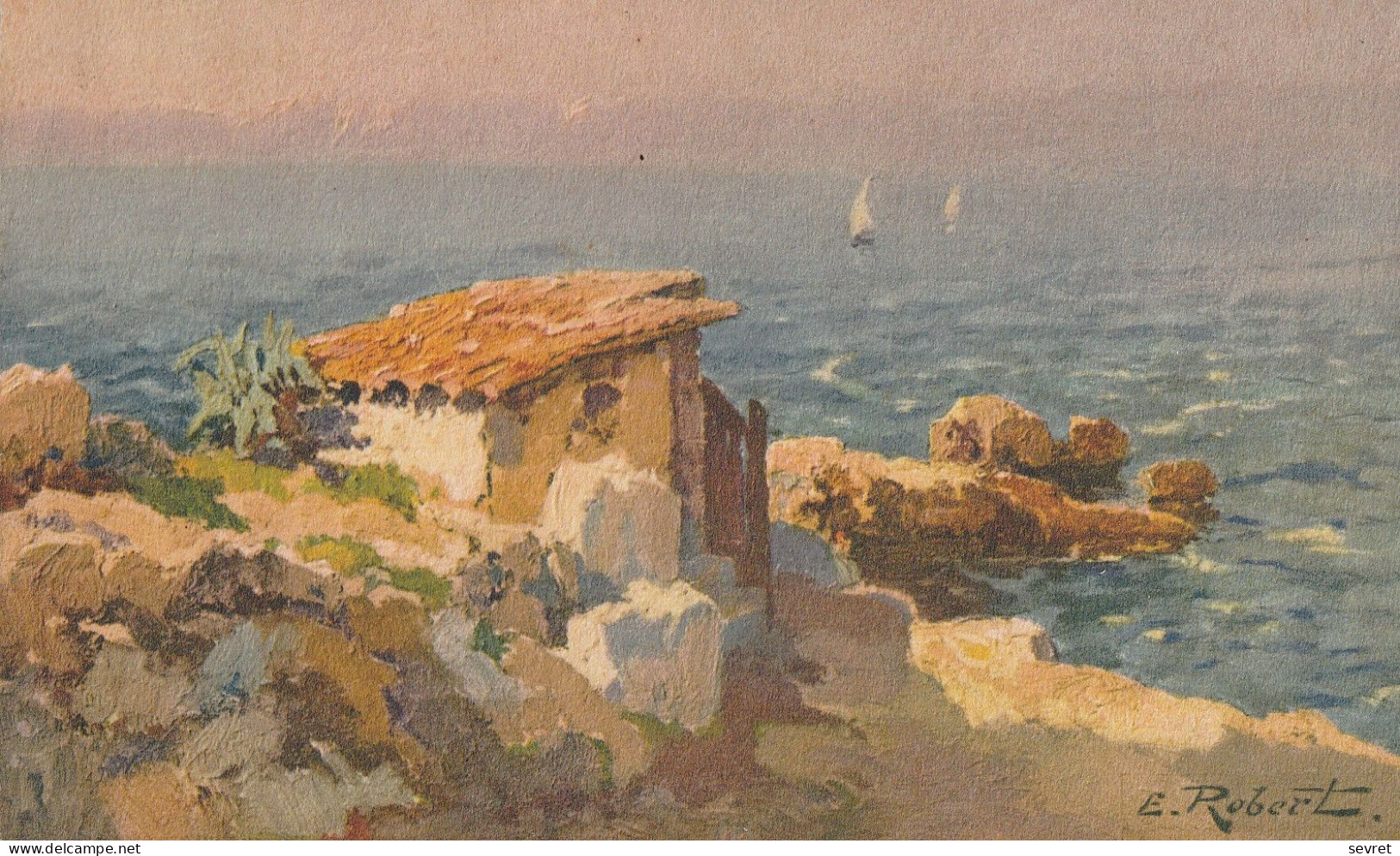 Aquarelle Signée E. Robert . - Paysage De La Côte Méditerranéenne - Robert