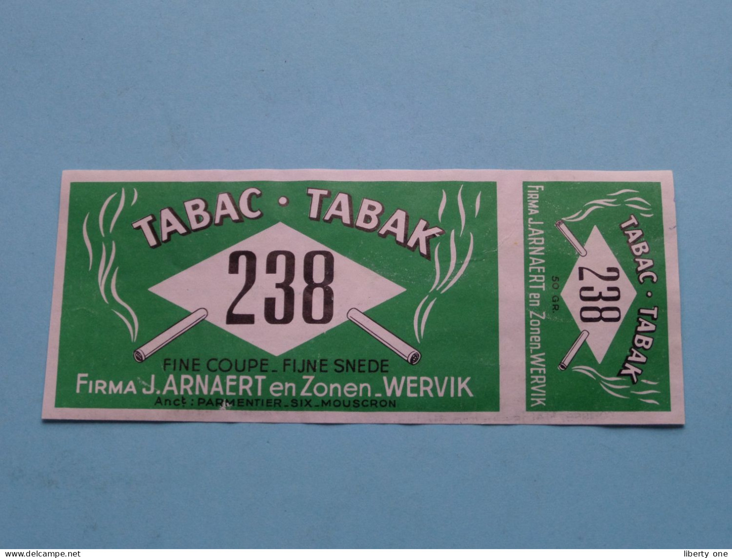 Etiket / Band >> Tabac * Tabak 238 Firma J. Arnaert En Zonen WERVIK ( Zie / Voir SCANS ) ! - Advertising Items