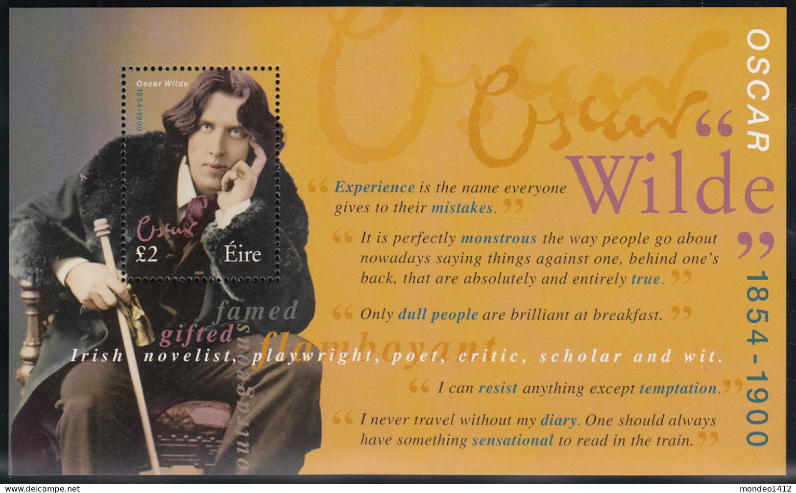 Ireland 2000 - YT Bloc 36 N°1233 ** MNH - Oscar Wilde écrivain Et Auteur Dramatique - émis En Feuillet - Hojas Y Bloques