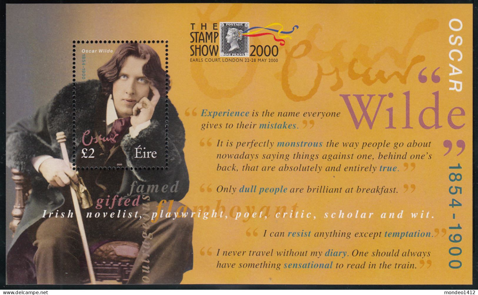 Ireland 2000 - YT Bloc 36 N°1233 ** MNH - Oscar Wilde - Emis En Feuillet - Stamp Show 2000 Exhibition Overprint - Blocks & Sheetlets