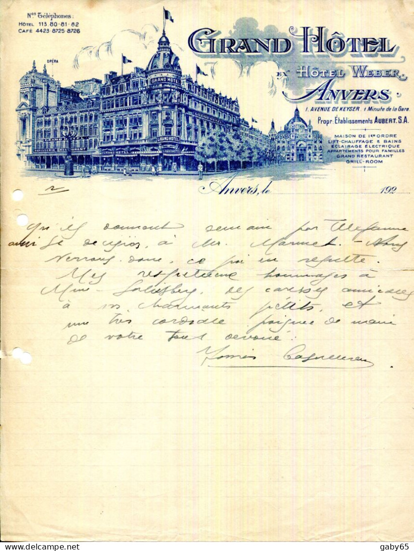 FACTURE.BELGIQUE.ANVERS.GRAND HOTEL.HOTEL WEBER.1 AVENUE DE KEYSE.AUBERT PROPRIETAIRE. - Other & Unclassified