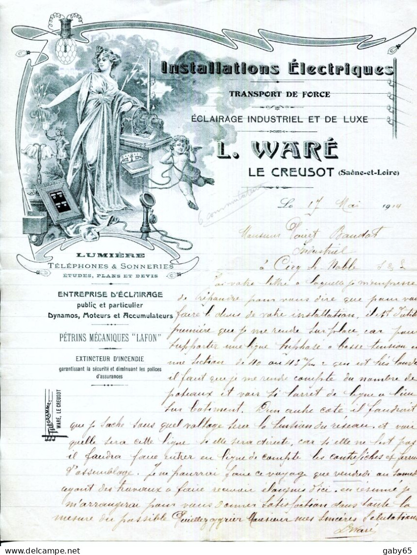 FACTURE.71.LE CREUSOT.INSTALATIONS ELECTRIQUES.ECLAIRAGE DE LUXE & INDUSTRIEL.L.WARÈ.ART NOUVEAU. - Electricité & Gaz