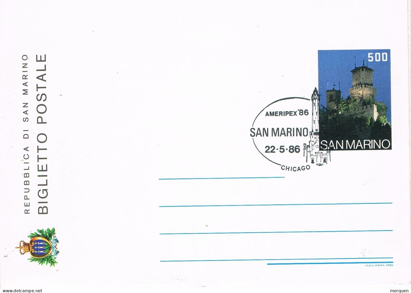 52610. Entero Postal SAN MARINO 1986.  AMERIPEX 86 De Chicago. - Lettres & Documents