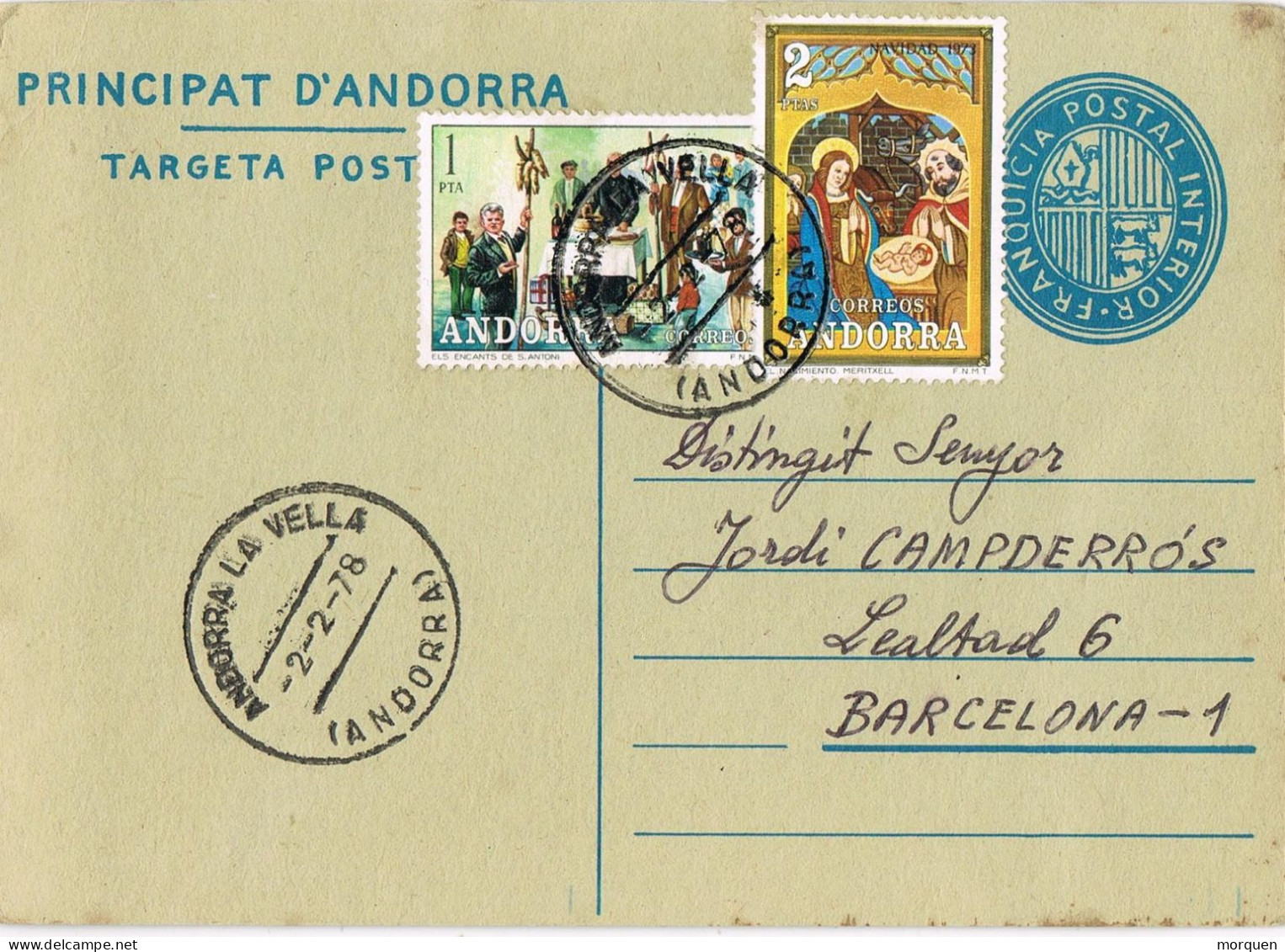 52611. Entero Postal ANDORRA La VIEJA (Andorra Española) 1978 A Barcelona - Lettres & Documents