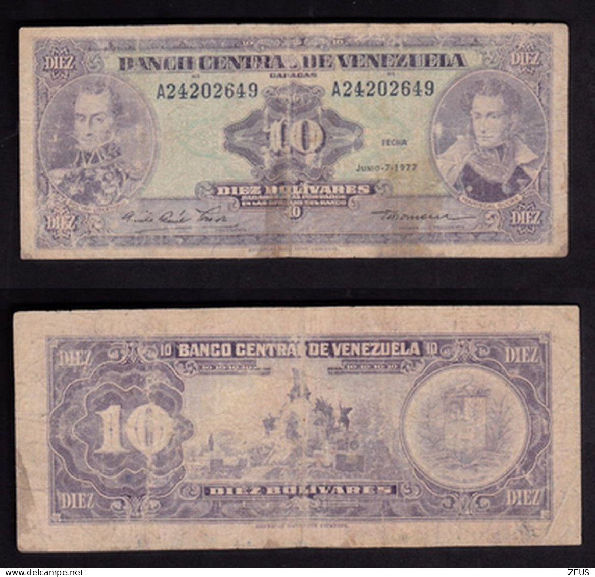 VENEZUELA 10 BOLIVAREAS 1977 PIK 51F MB - Venezuela