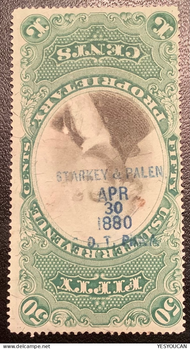 US Revenue Stamps Proprietary Sc.RB8b RARE 1871-74 50c On Green Paper Used By Handstamp  (USA Fiscal - Revenues