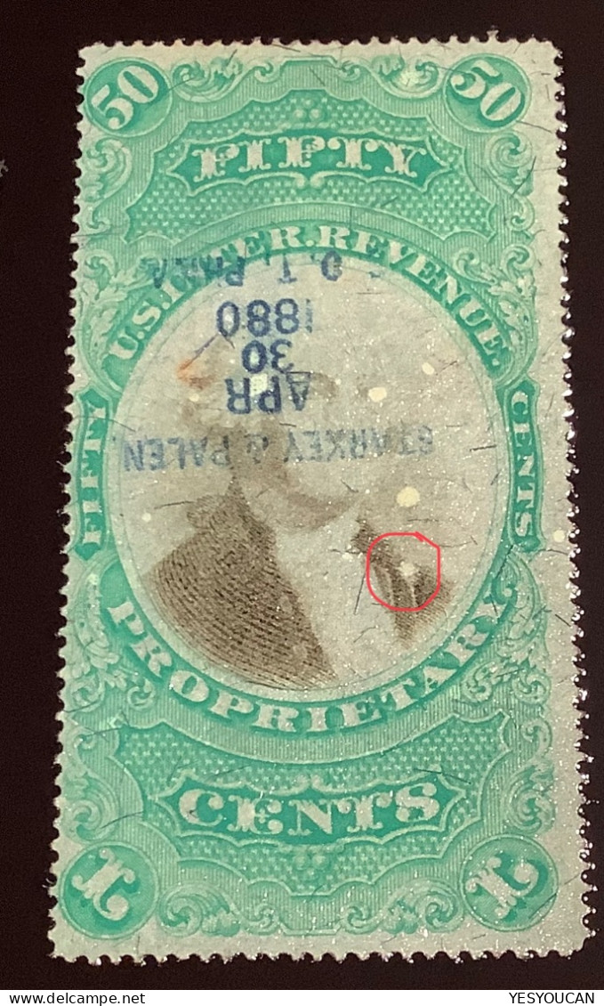 US Revenue Stamps Proprietary Sc.RB8b RARE 1871-74 50c On Green Paper Used By Handstamp  (USA Fiscal - Fiscaux