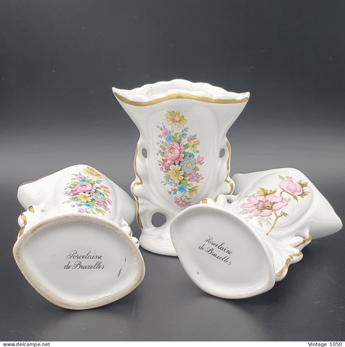 Vieux Bruxelles 3x vases miniatures Porcelaine de Bruxelles  1930 Eglantines #220422