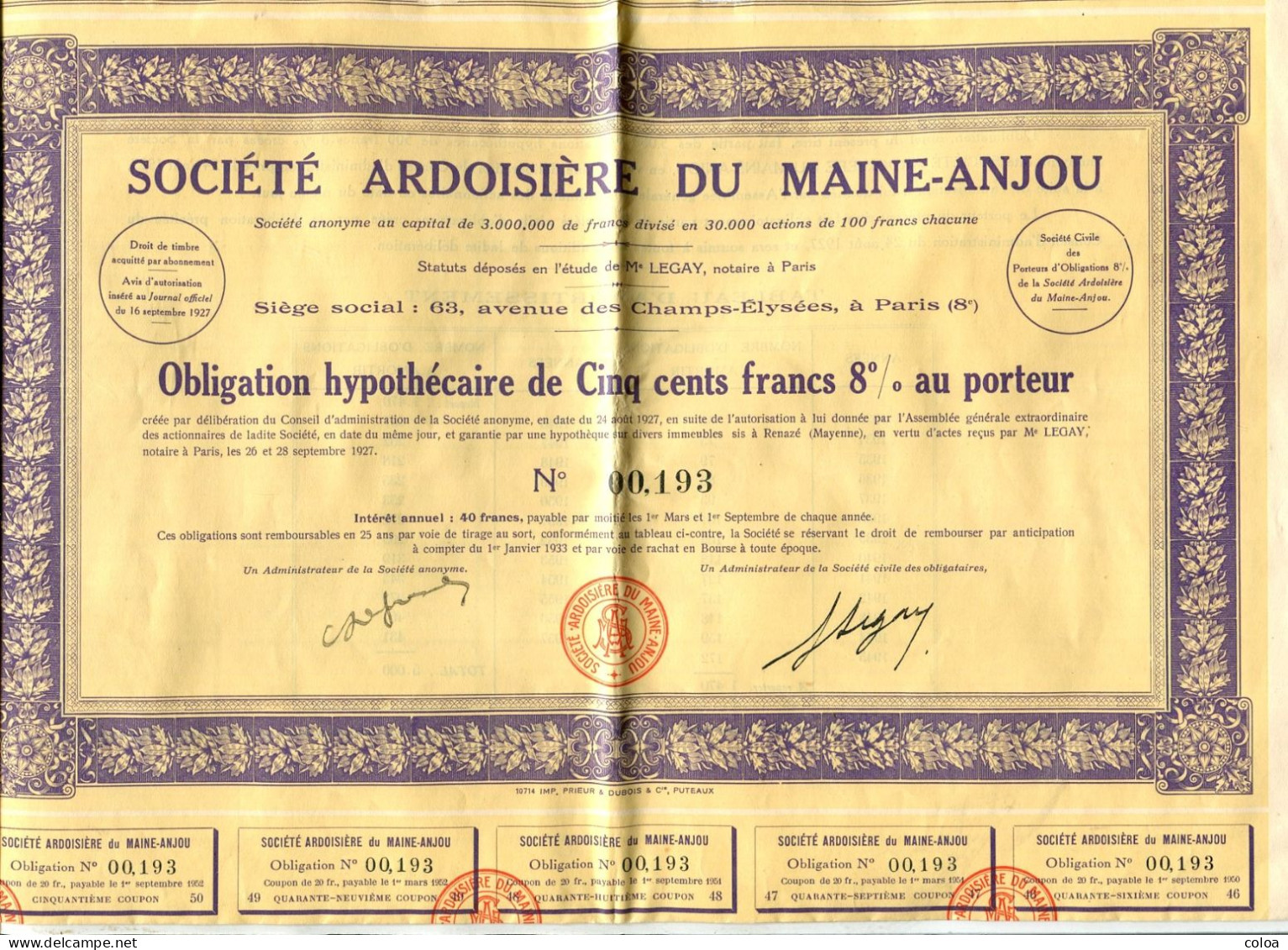 Obligation Hypothécaire Société Ardoisière Du Maine Anjou - S - V
