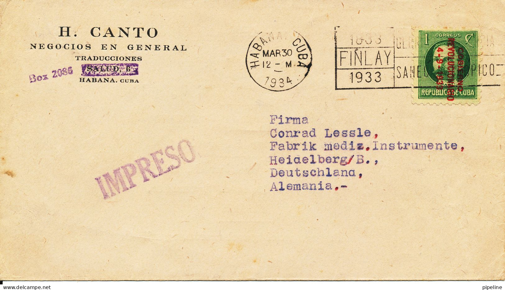 Cuba Cover Sent To Germany Habana 30-3-1934 Single Stamp Overprinted - Covers & Documents