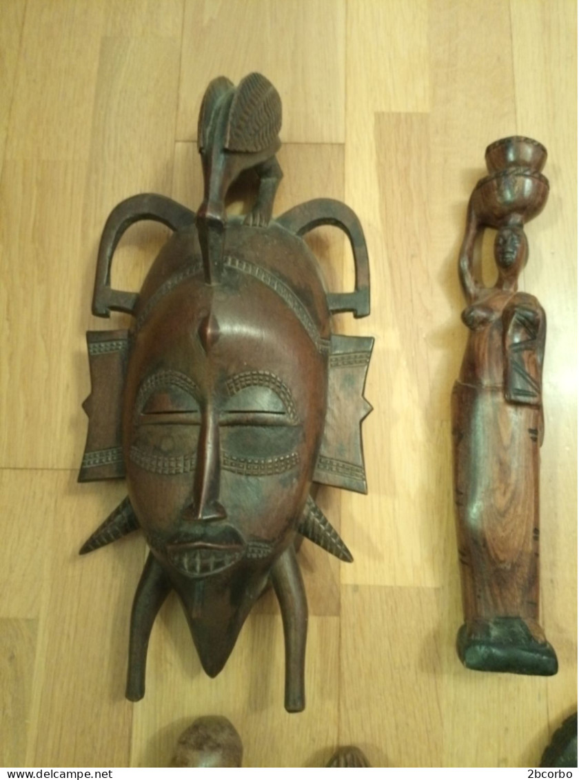 Lot De 6 Objets Africains Sculptés Masque Personnages - Art Africain