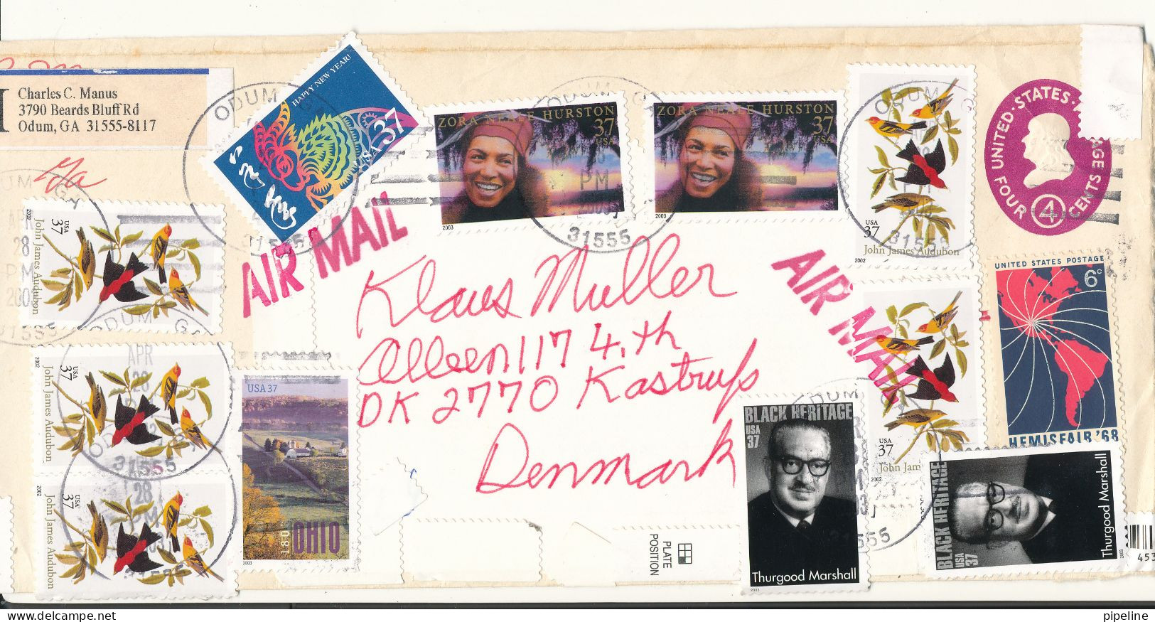 USA Postal Stationery Cover Uprated And Sent Air Mail To Denmark 28-4-2003 With A Lot Of Topic Stamps - 2001-10