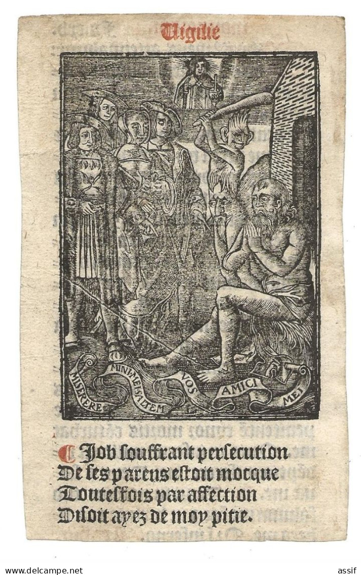 Gravure Sur Bois XVe XVIe ? Job Sur Le Tas De Fumier Graveur L.R. Feuillet D'un Livre D'Heures Book Of Hours - Santini