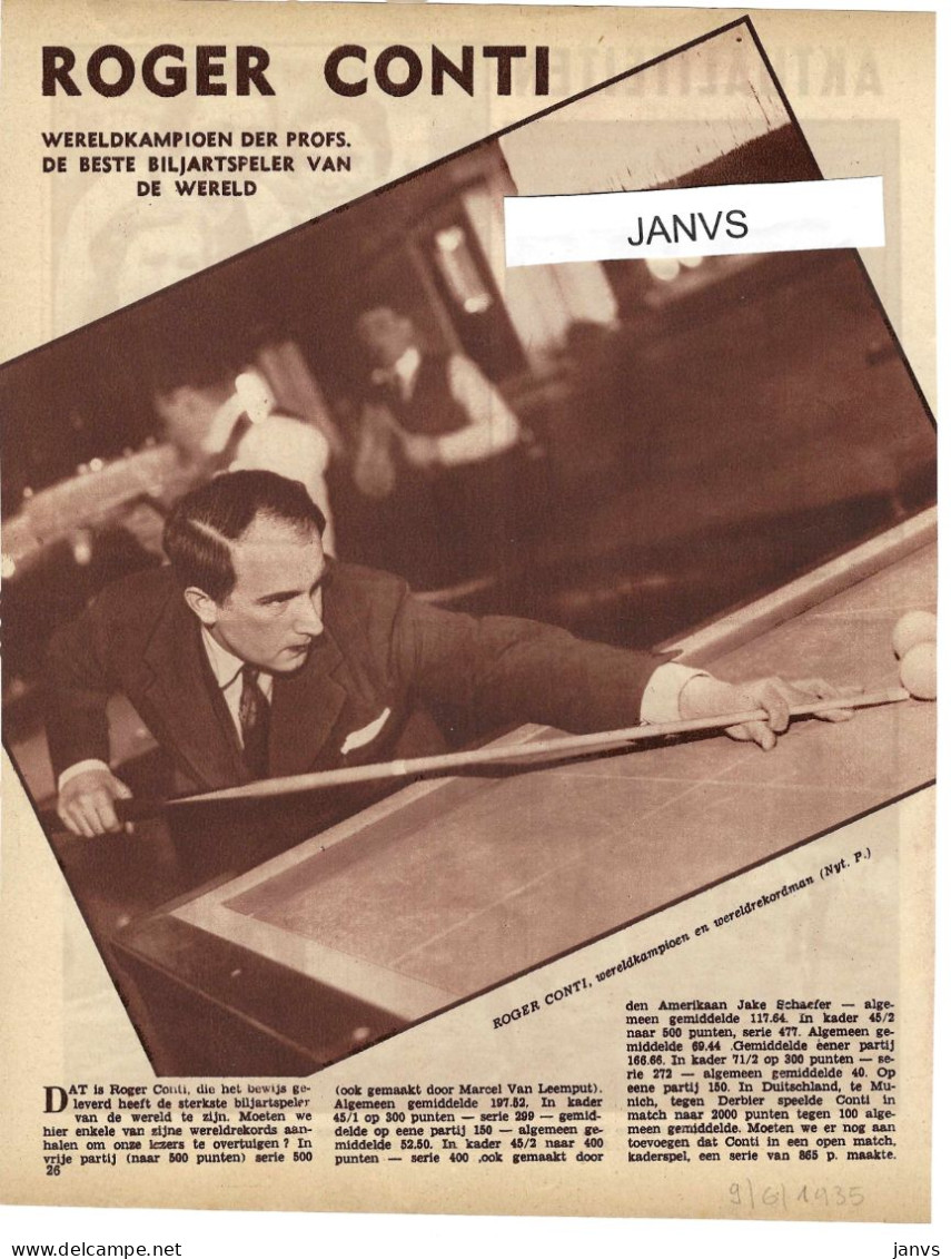 Biljarten - Roger Conti De Pardies France - Orig. Knipsel Coupure Tijdschrift Magazine - 1935 - Sports