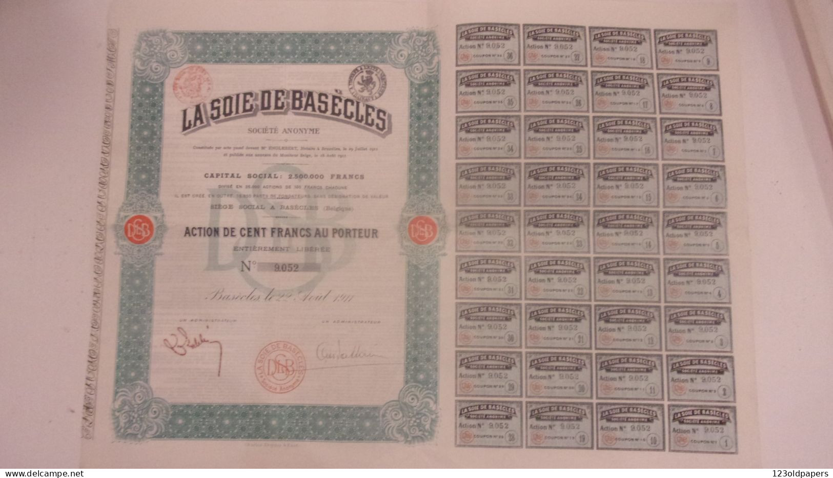 1911 BELGIQUE BASECLES LA SOIE DE BASECLES SA ACTION DE CENT FRANCS AU PORTEUR  1911 COUPON - Altri & Non Classificati