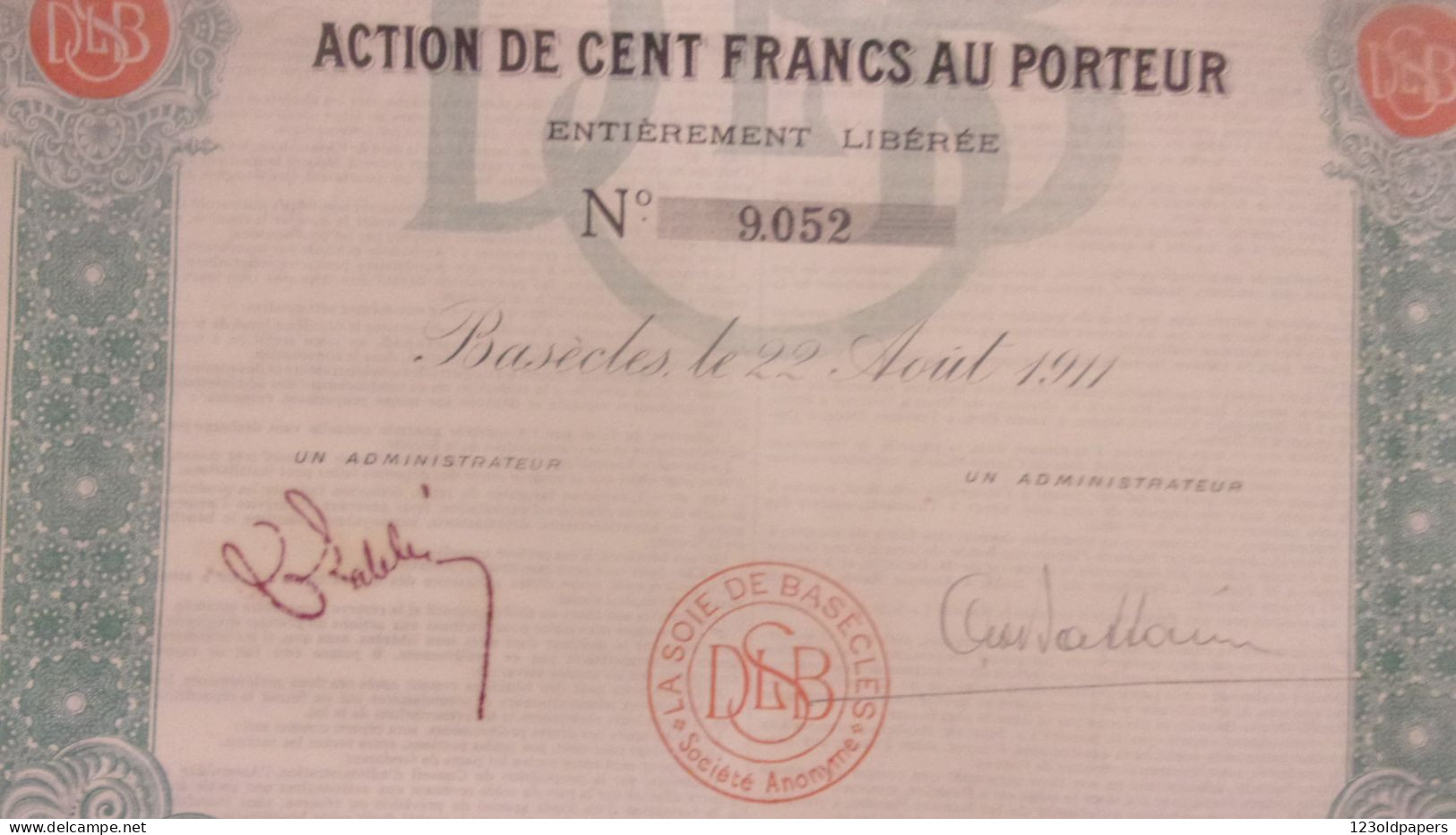 1911 BELGIQUE BASECLES LA SOIE DE BASECLES SA ACTION DE CENT FRANCS AU PORTEUR  1911 COUPON - Altri & Non Classificati