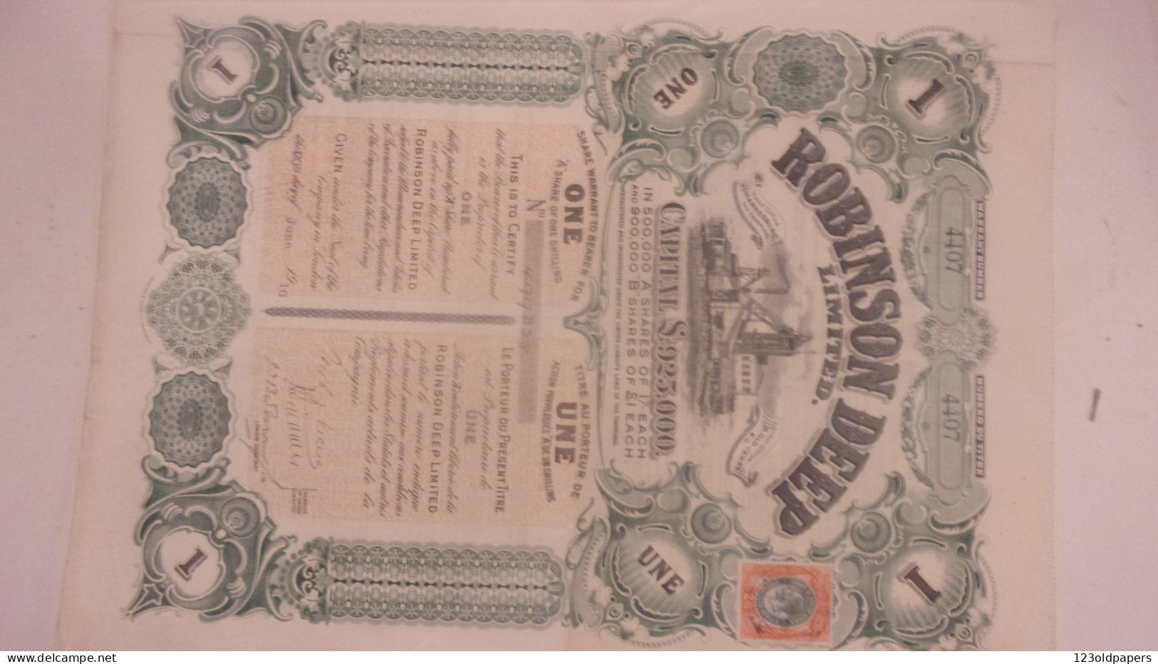 1916 ROBINSON DEEP TIMBRE TITRE  TRANSVAAL JOHANNESBURG SOUTH AFRICA - Andere & Zonder Classificatie