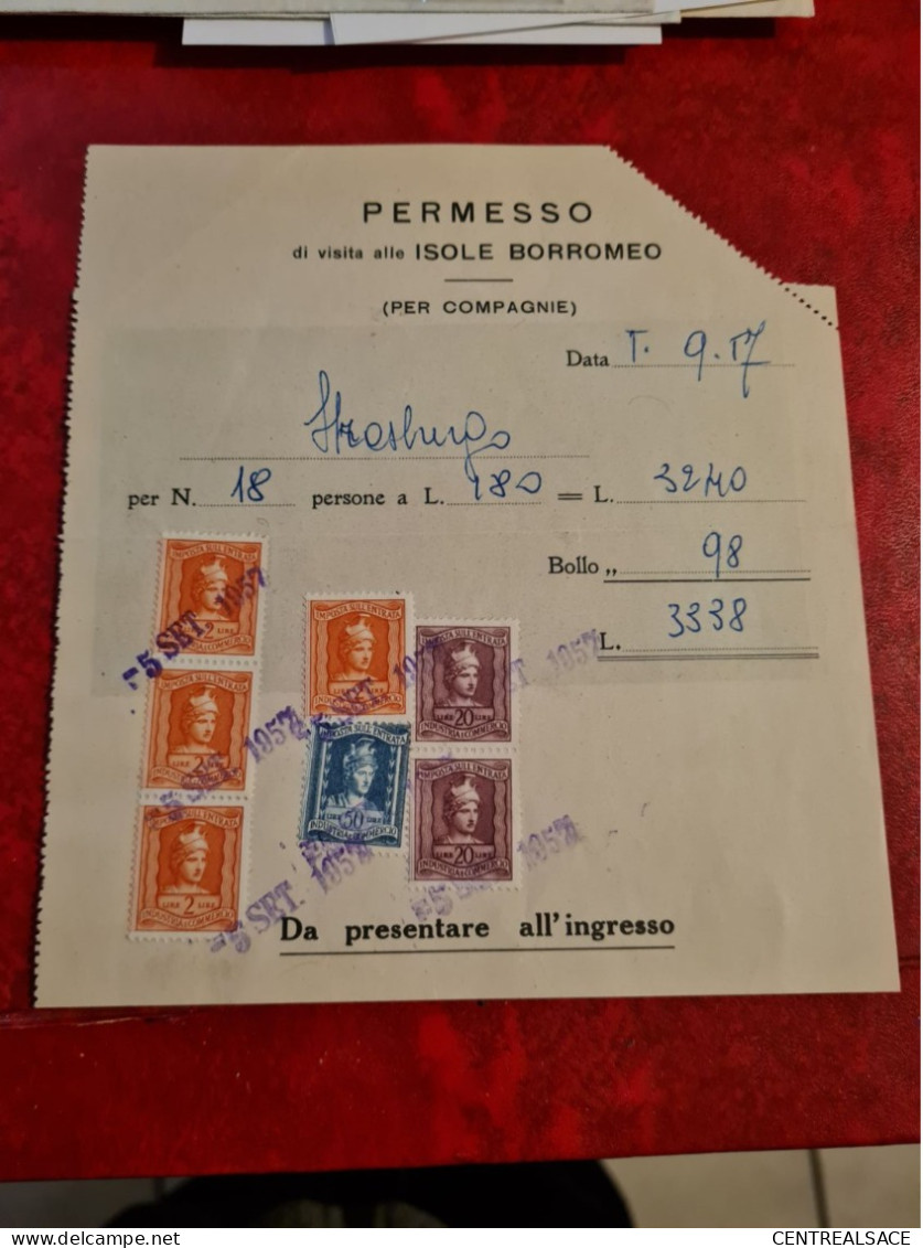 ITALIE TIMBRE IMPOSTA SULL'ENTRATA 1957 PERMESSO DI VISITA ALLE ISOLE BORROMEO STRASBURGO - Autres & Non Classés