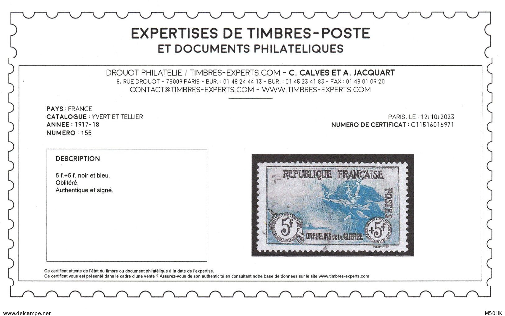 YV 155 Oblitéré , Signé CALVES + Certificat , Bon Centrage , Très Frais, Cote 2100 Euros + Centrage - Used Stamps