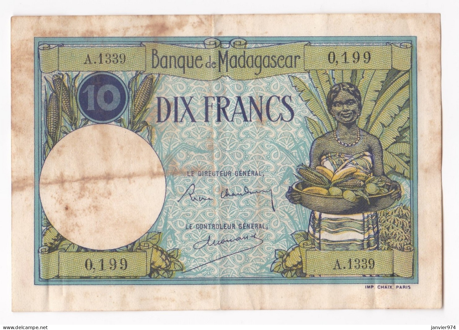 Banque De Madagascar, 10 Francs ND  1937 - 1947 , Alphabet A.1339 , Numéro 0,199 - Madagaskar