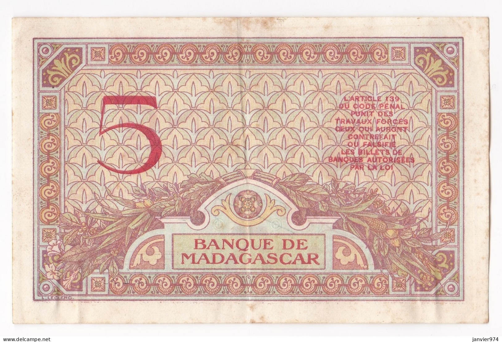 Banque De Madagascar, 5 Francs ND  1926 - 1937 , Alphabet D.2483 , Numéro 602 - Madagascar