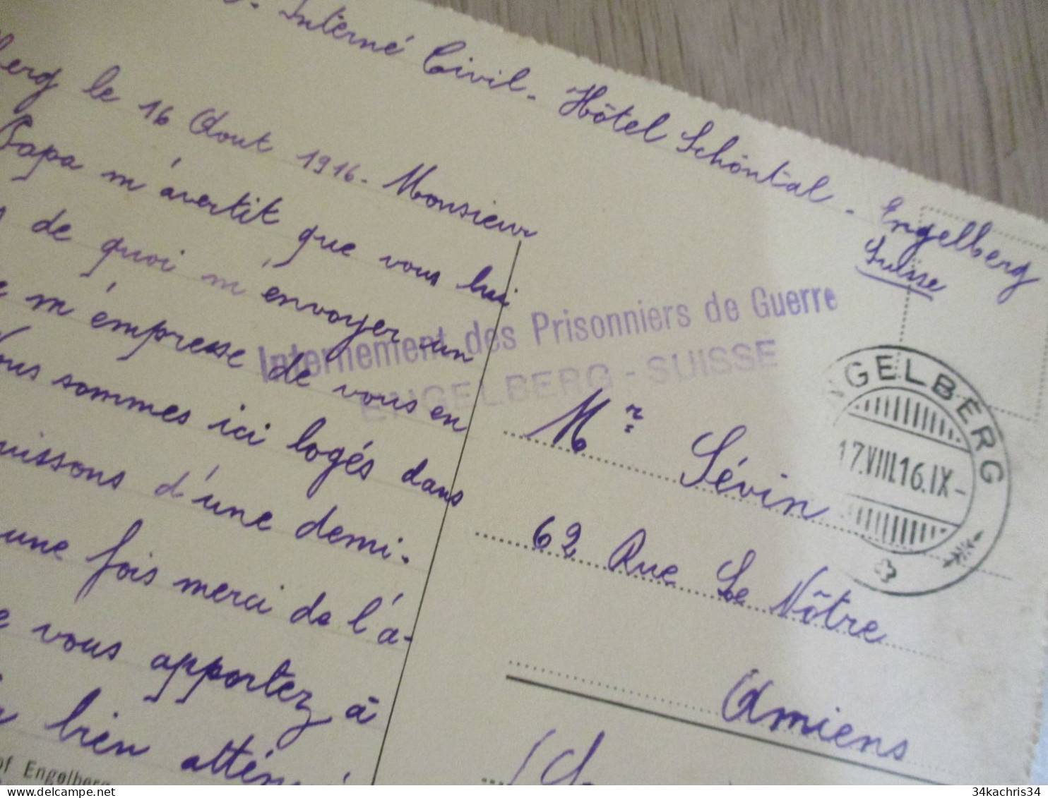 Sur CPA Engelberg 1916 Cachet Ligne Bleu Internement Des Prisonniers De Guerre Engelberg Suisse - Oblitérations