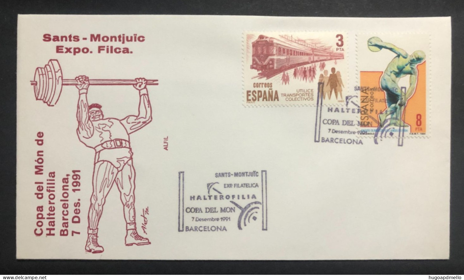 SPAIN, FDC,  « Philatelix Exhibition », « Sports », « Weightlifting World Cup », Trains, Discobolus, 1991 - Halterofilia