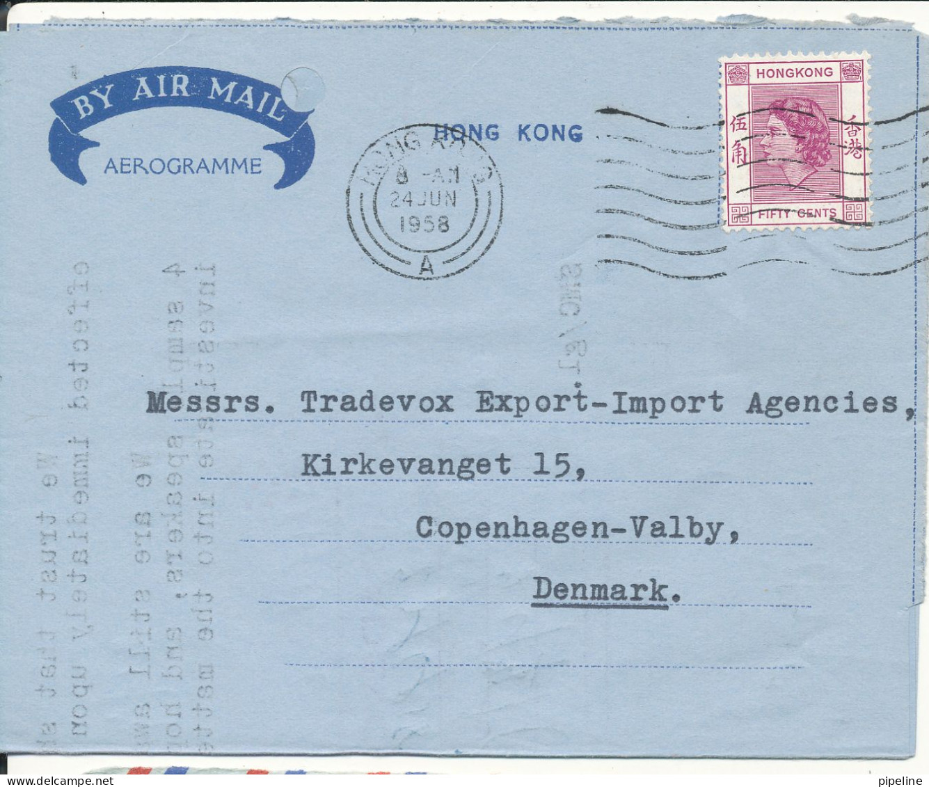 Hong Kong Aerogramme Sent To Denmark 24-6-1958 - Covers & Documents
