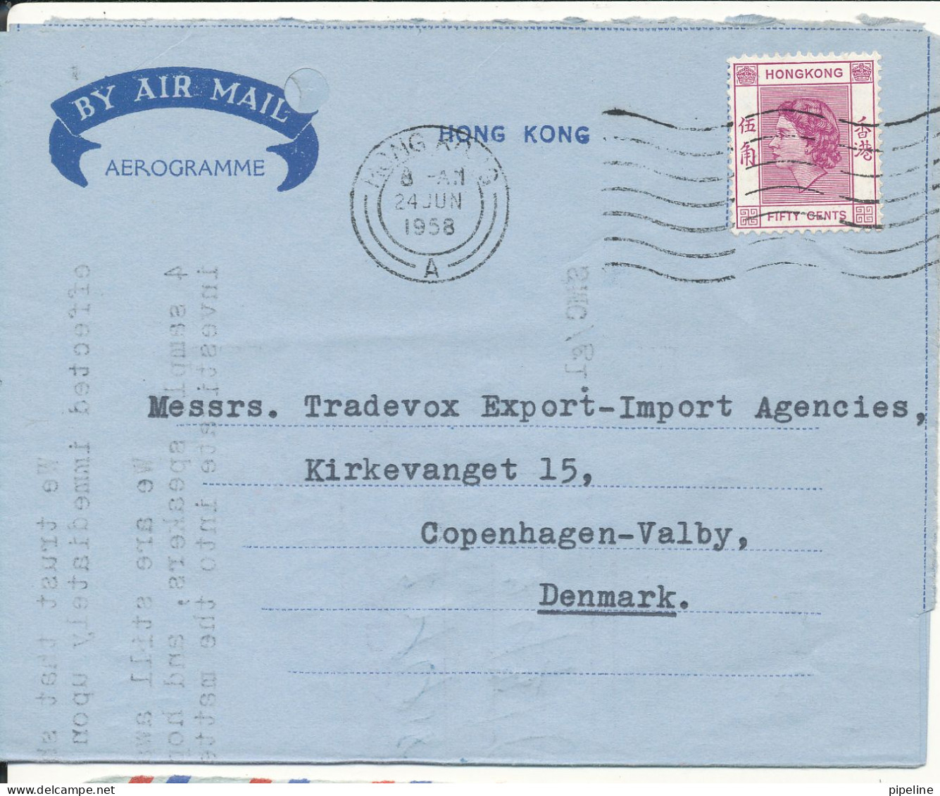 Hong Kong Aerogramme Sent To Denmark 24-6-1958 - Briefe U. Dokumente