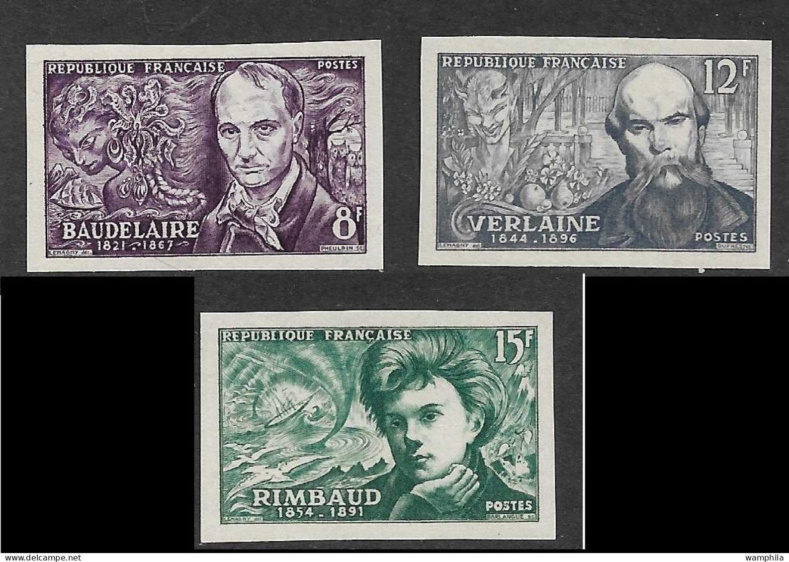 France  N°908/910**.non Dentelé, Poètes Verlaine, Baudelaire, Rimbaud. RARE. - 1951-1960