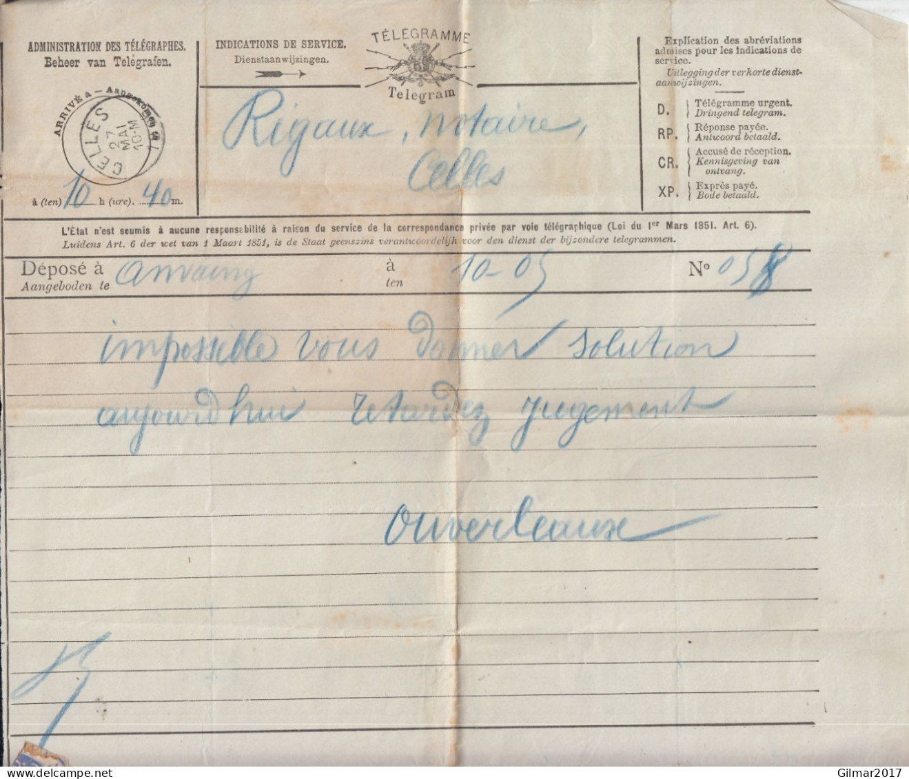 Document Telegram Beheer Van Telegrafen Met Stempel Celles - Telegrams