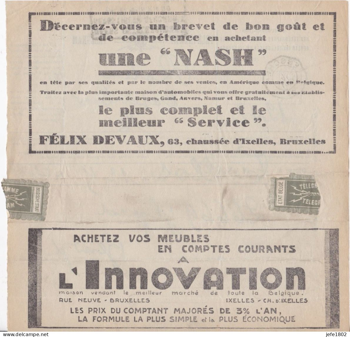 Télégramme - Telegram Met ADVERTENTIE - Une NASH - Maison D'automobiles - Telegramas